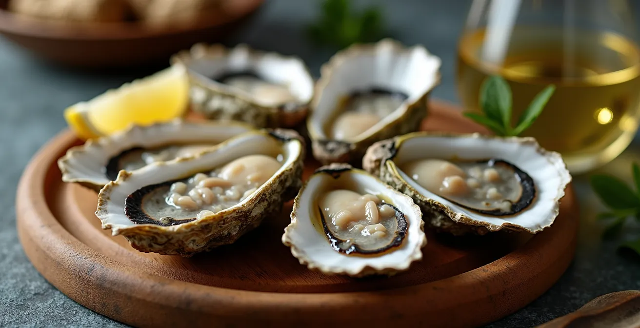 A close-up photo of fresh local oysters on a half shell paired with a glass of crisp white wine on a wooden table