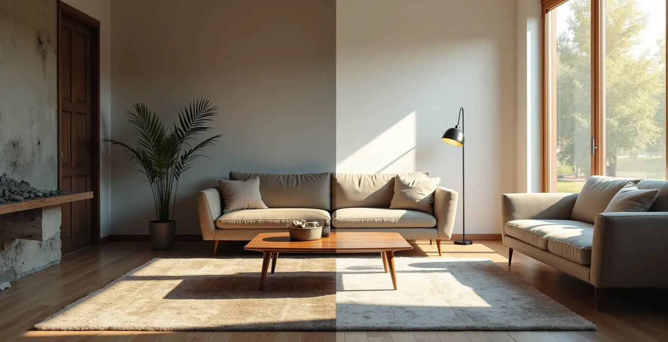 Before and after comparison showing a room transformation through professional deep cleaning