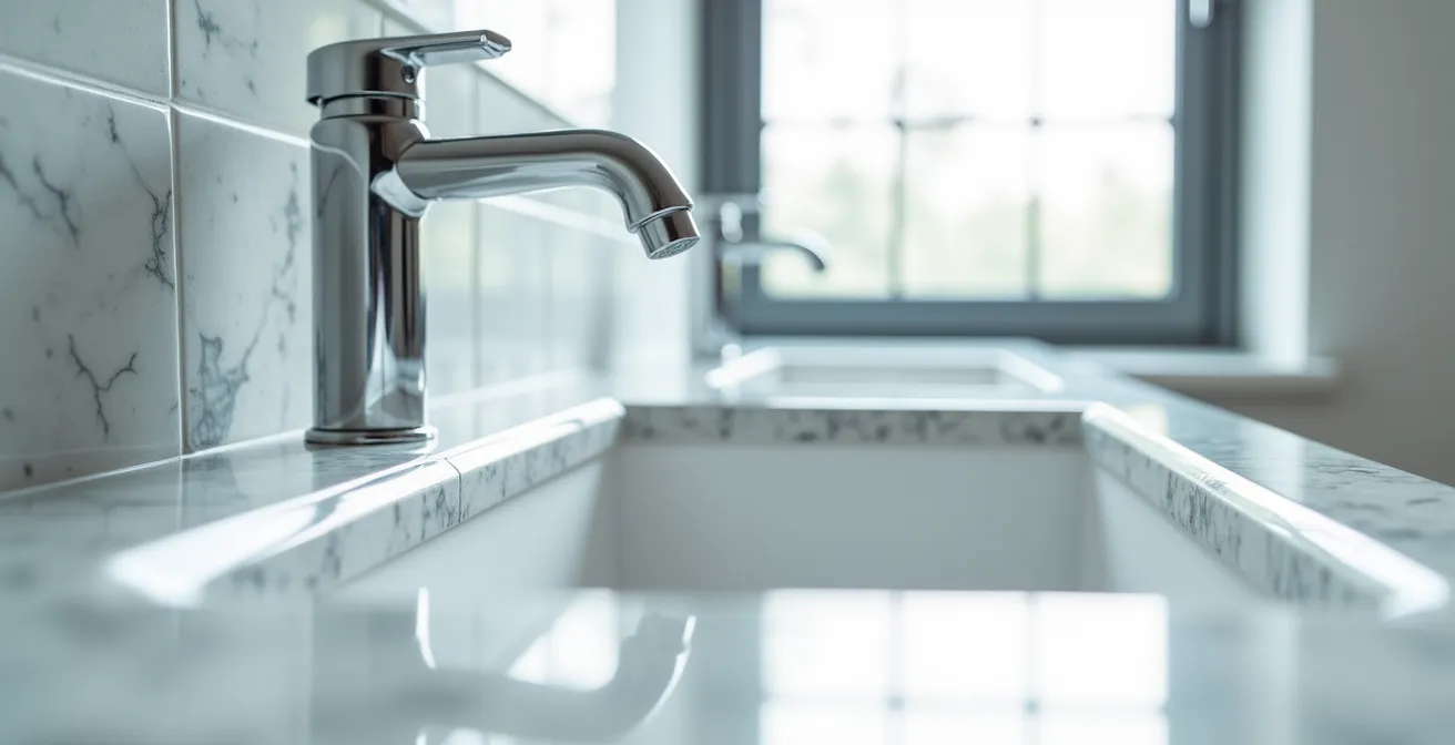 Close-up view of sparkling kitchen and bathroom fixtures showcasing professional cleaning results