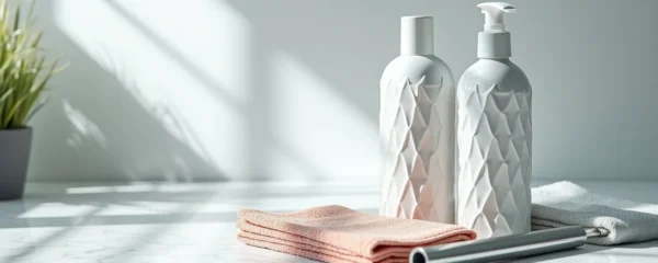 Hands wearing protective gloves holding professional cleaning tools against a backdrop of sparkling clean surfaces
