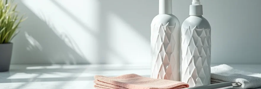 Hands wearing protective gloves holding professional cleaning tools against a backdrop of sparkling clean surfaces
