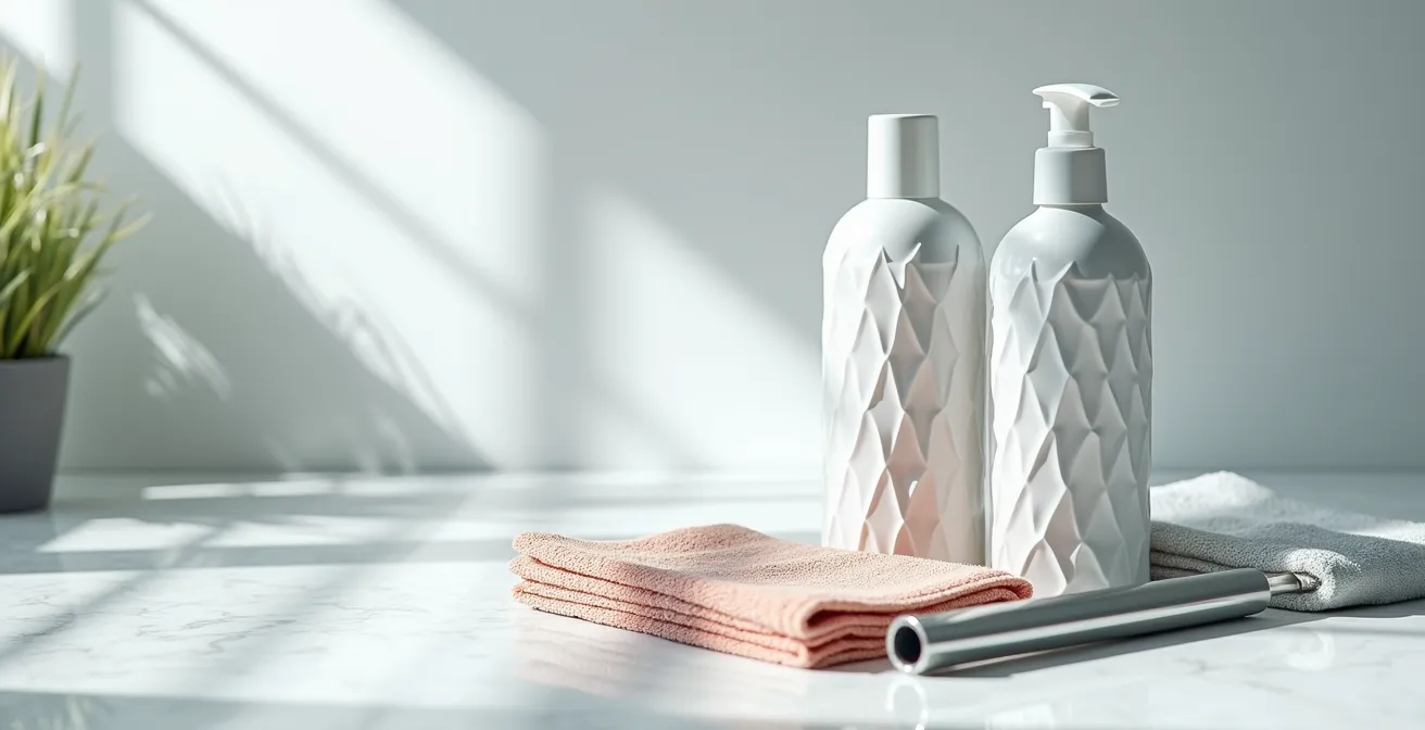 Hands wearing protective gloves holding professional cleaning tools against a backdrop of sparkling clean surfaces