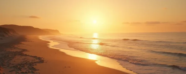 A serene sunrise over the calm ocean at Île de Ré with soft golden light, sandy beach, and gentle waves, embodying tranquility and seaside escape