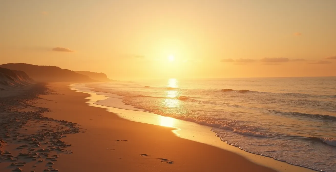 A serene sunrise over the calm ocean at Île de Ré with soft golden light, sandy beach, and gentle waves, embodying tranquility and seaside escape