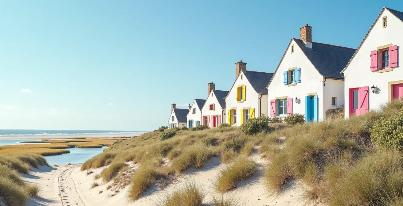 A quaint Île de Ré village with whitewashed houses and pastel shutters blending with coastal dunes and marshes