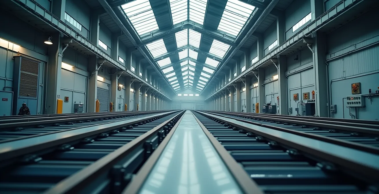 Wide angle view of modern waste sorting facility with conveyor systems