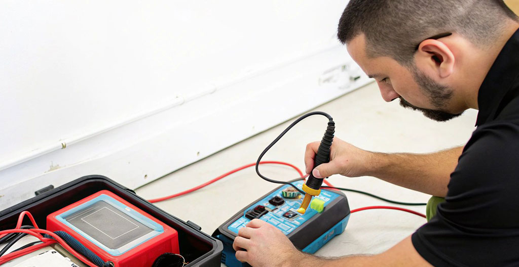 Licensed electrician uses multimeter to test electrical panel capacity during renovation planning assessment