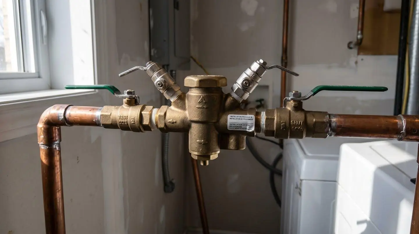 Gros plan sur un dispositif anti-refoulement en laiton monté sur tuyau de cuivre montrant le corps de valve, les robinets de test et les vannes d'arrêt