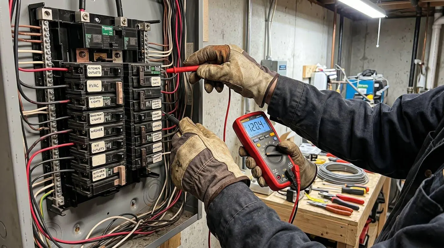 Licensed electrician uses multimeter to test electrical panel capacity during renovation planning assessment