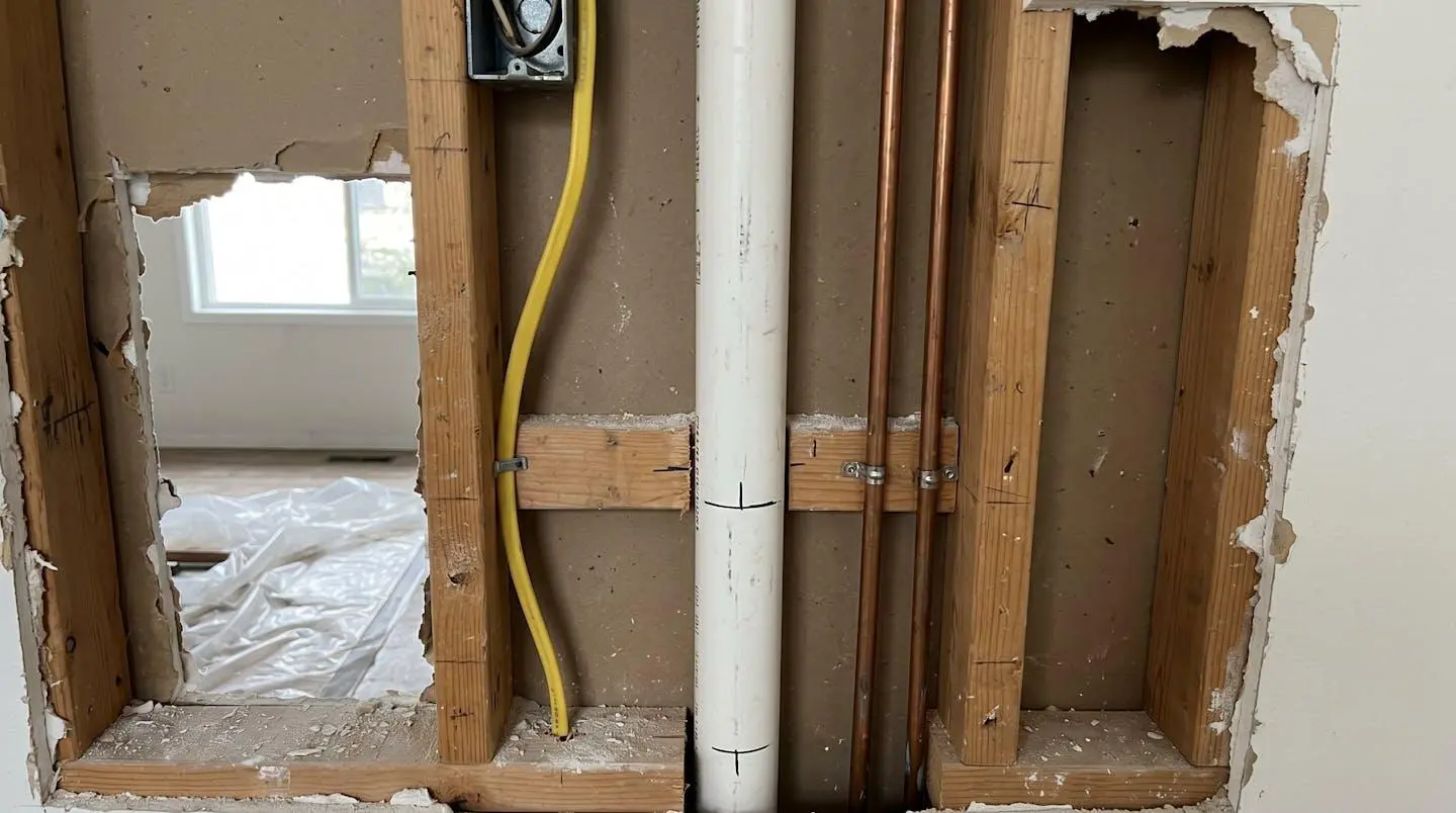 Exposed vertical plumbing drainage stack and copper supply lines visible through opened wall cavity during residential renovation