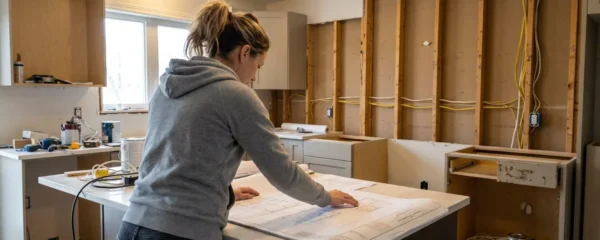 A person seen from behind reviews architectural floor plans spread across a kitchen counter in a home undergoing renovation, with exposed wall framing visible in the background