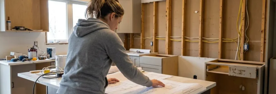 A person seen from behind reviews architectural floor plans spread across a kitchen counter in a home undergoing renovation, with exposed wall framing visible in the background