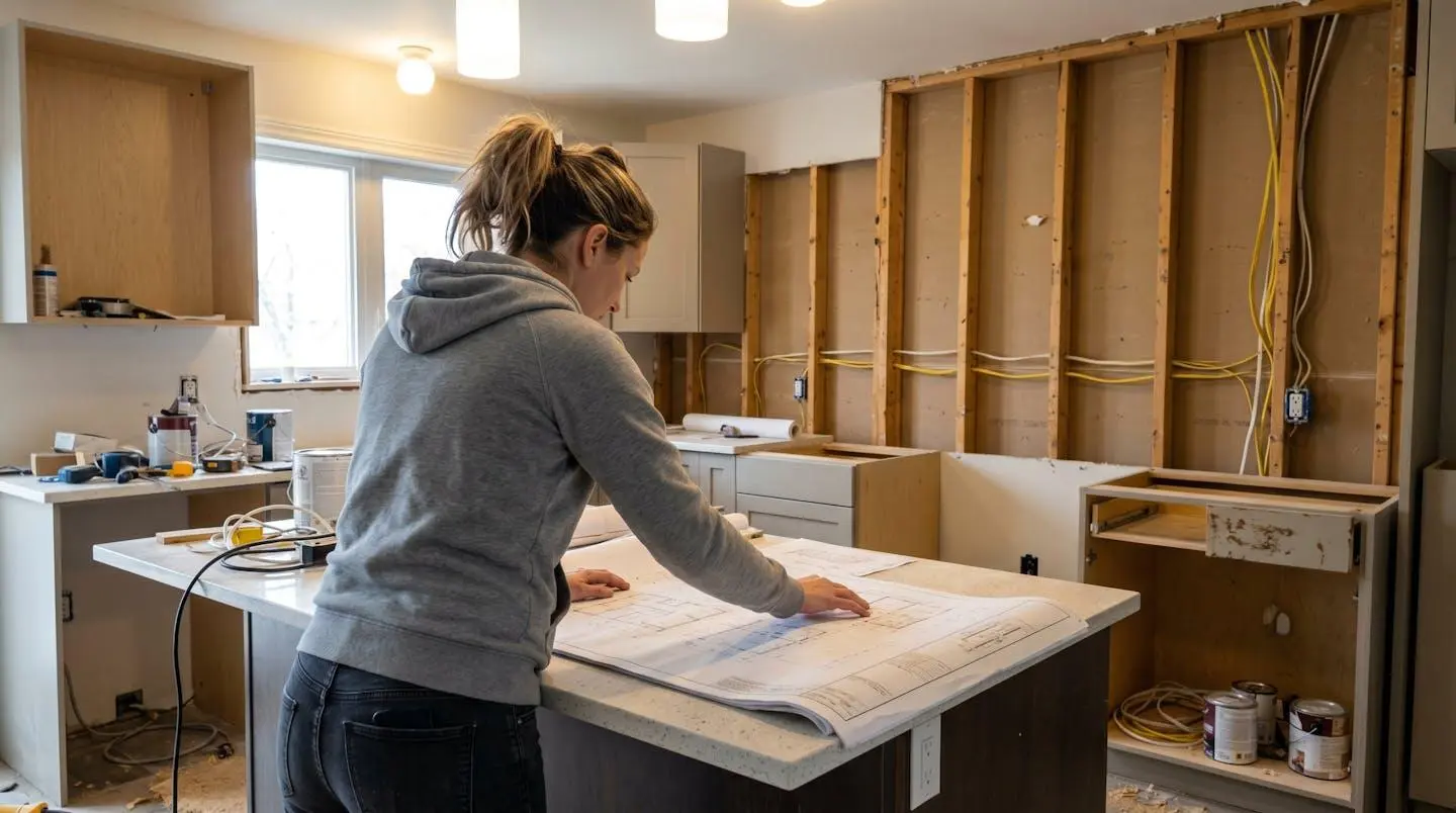 A person seen from behind reviews architectural floor plans spread across a kitchen counter in a home undergoing renovation, with exposed wall framing visible in the background