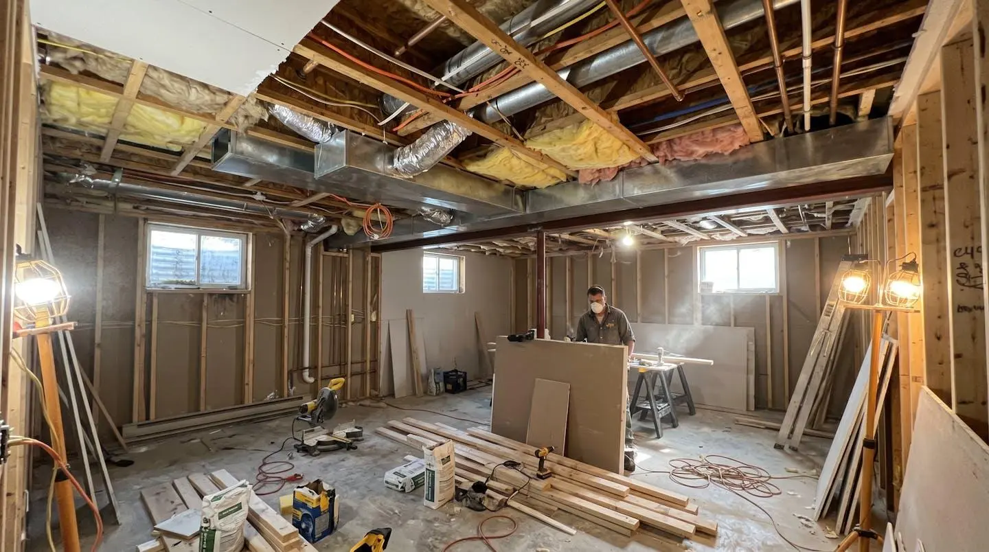 Metal HVAC ductwork and insulation visible through removed ceiling drywall during basement renovation