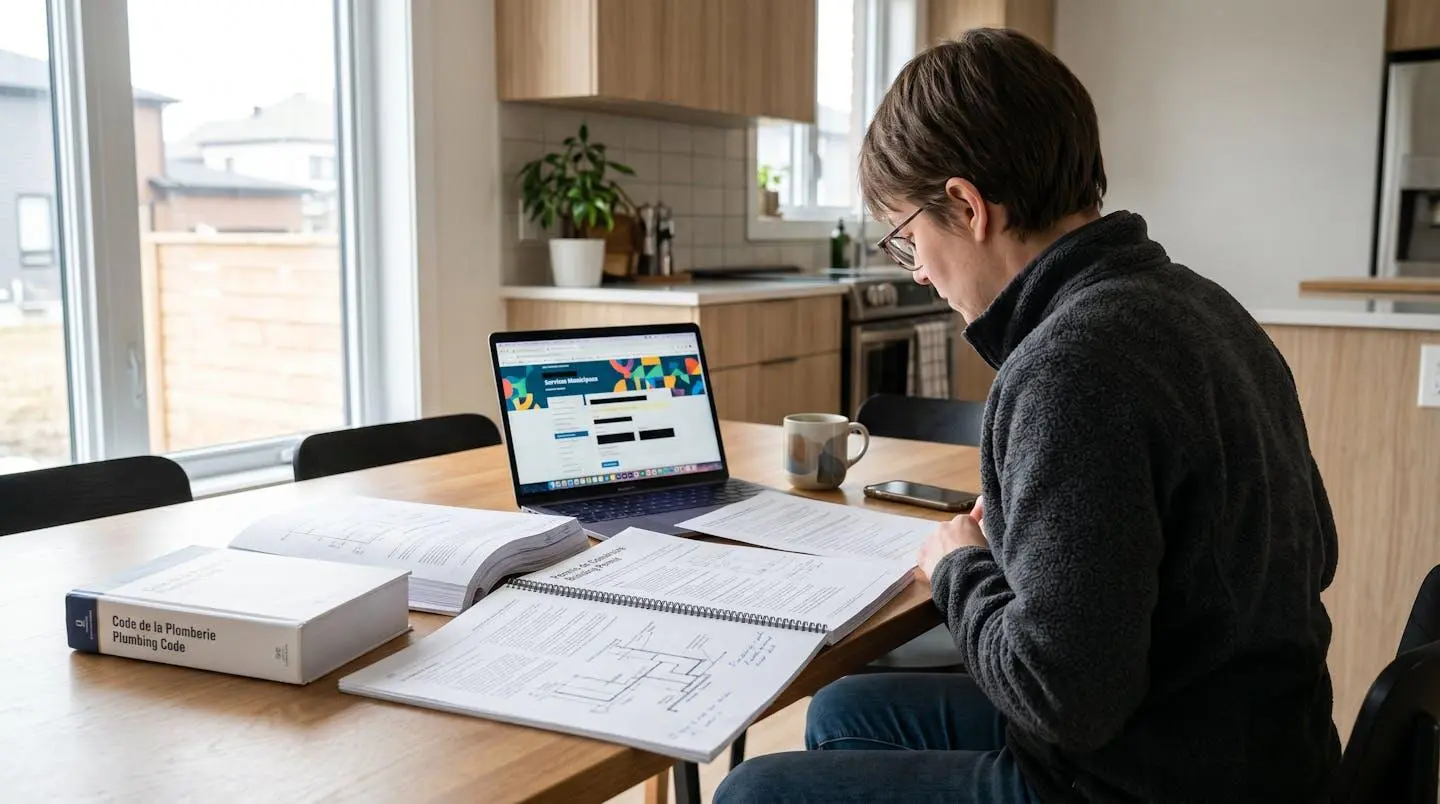 Propriétaire de dos assis à une table de cuisine examinant des documents de permis de construction et un manuel du code de la plomberie, avec ordinateur portable ouvert