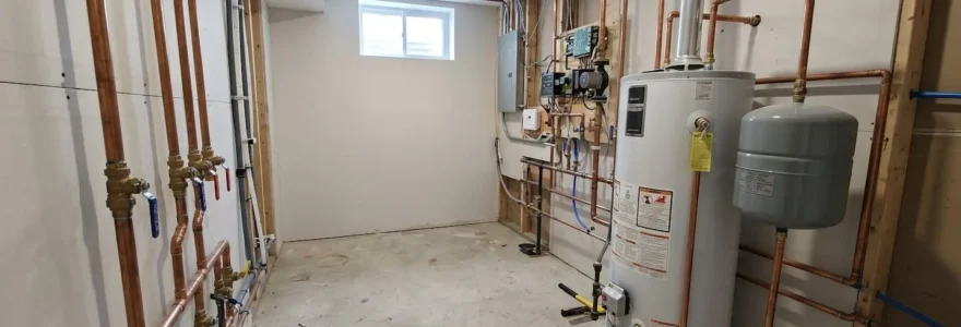 Salle mécanique d'un sous-sol résidentiel montrant un chauffe-eau moderne, réservoir sous pression, tuyauterie en cuivre avec vannes d'arrêt apparentes et sol en béton propre