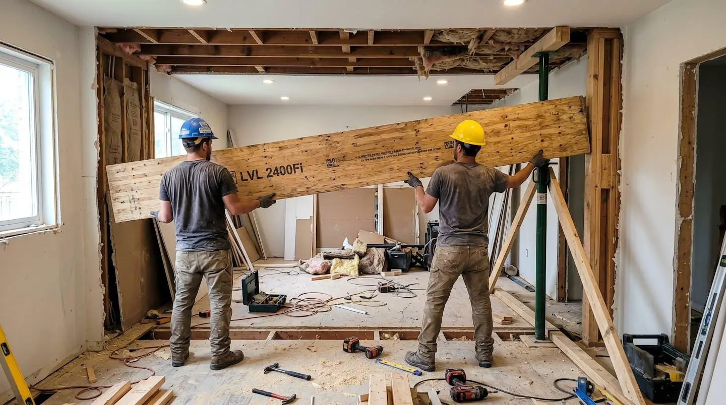 Construction workers position engineered lumber beam across ceiling opening where load-bearing wall was removed during residential renovation