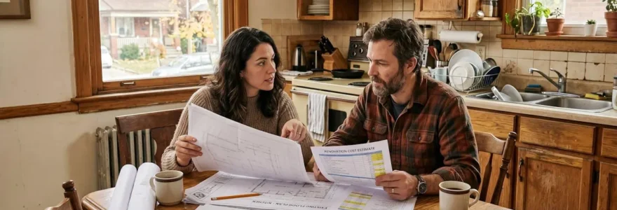 Homeowner reviewing renovation blueprints spread across a kitchen table in an Ottawa home
